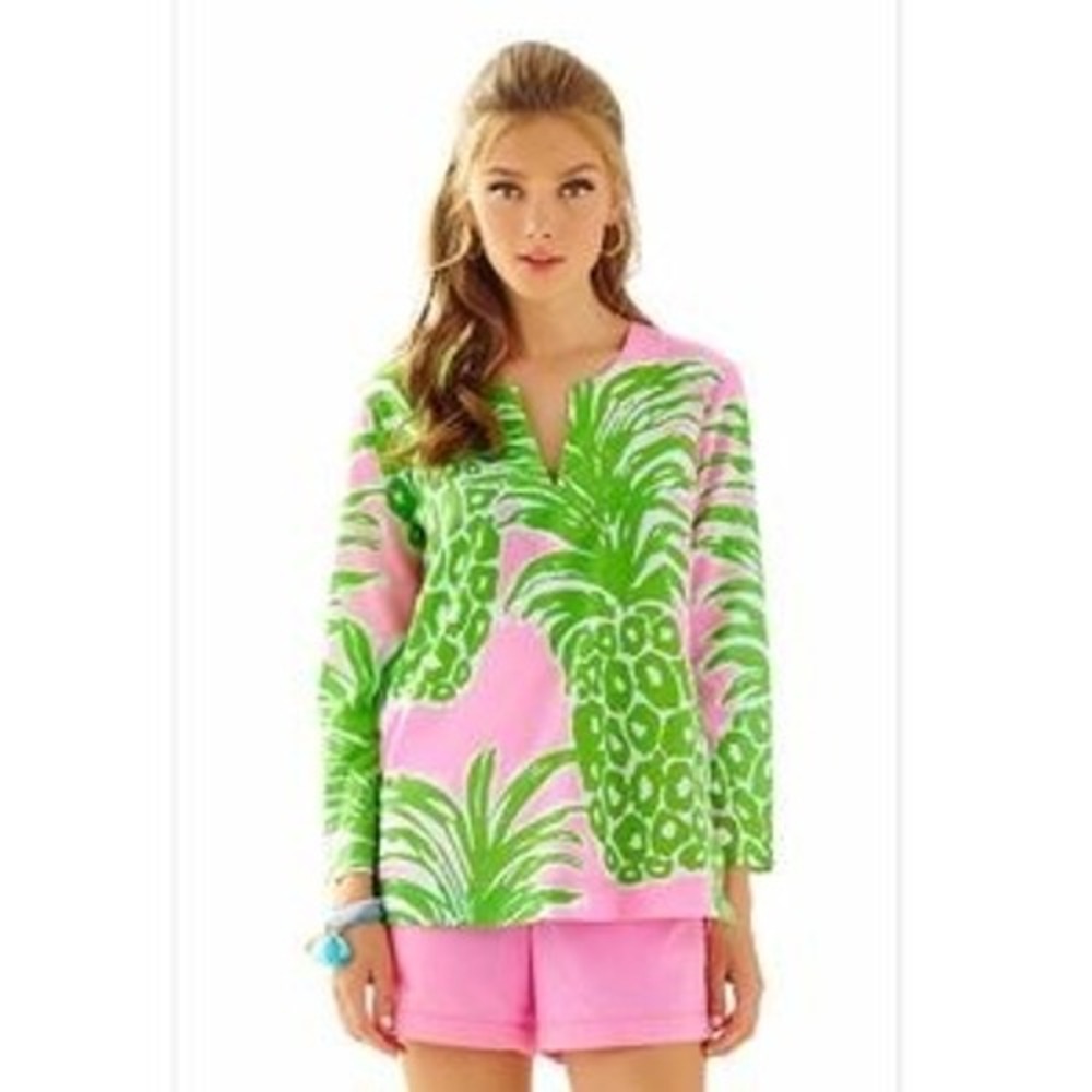 Lilly Pulitzer Pink‎ Green Amelia Island Cotton Tunic Top Split Neck XXSmall